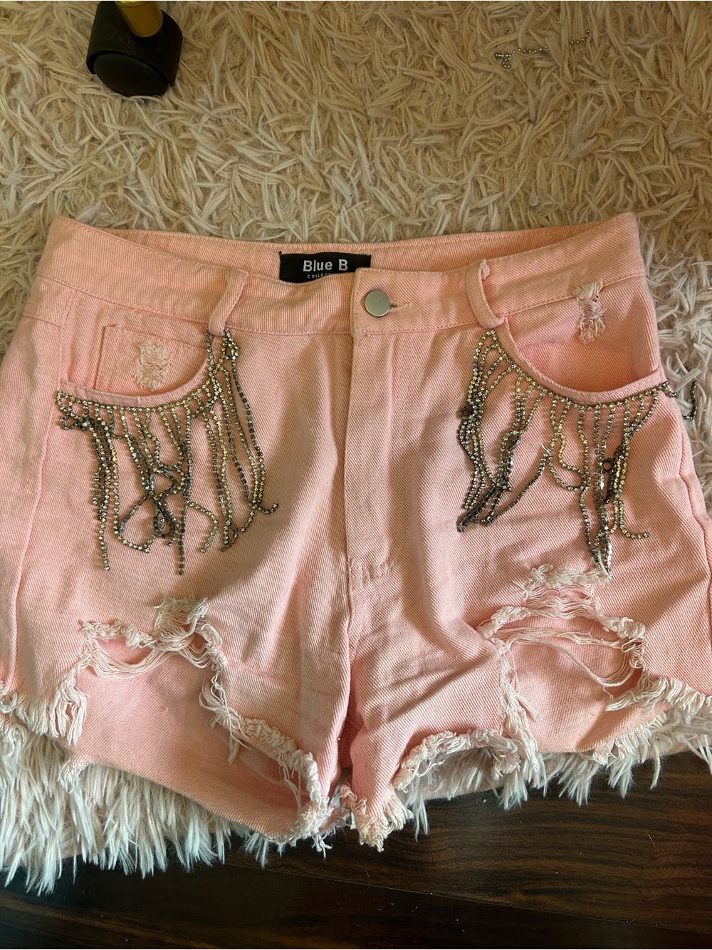 Pink Distressed Rhinestone Fringe Denim Shorts